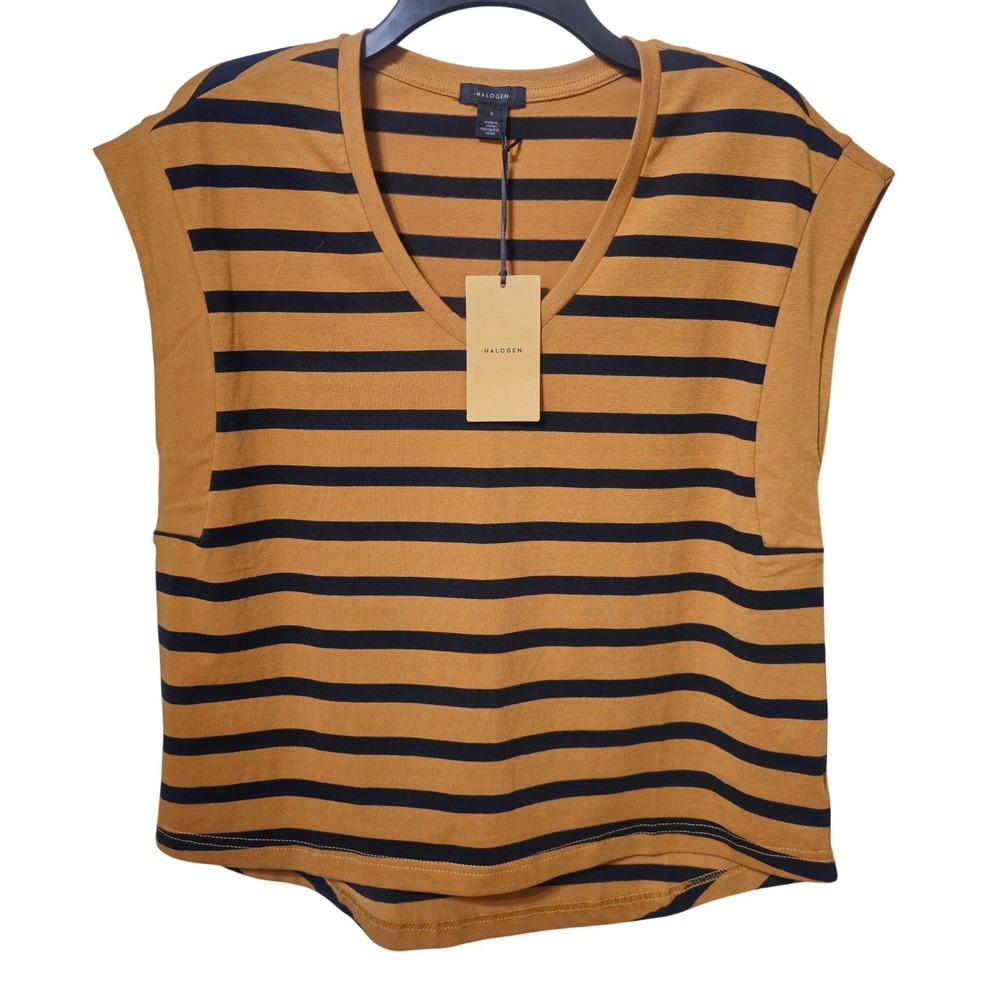 Halogen Striped V-Neck Cap Sleeve Top Mustard Yellow Black Size Small NWT